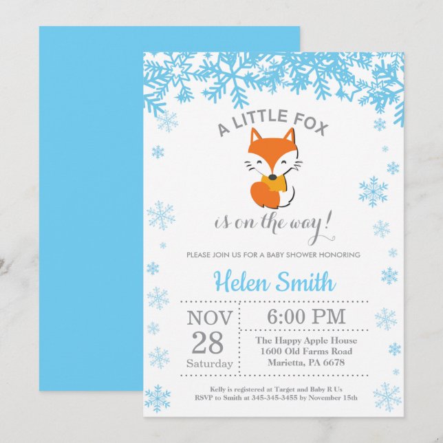 Invitación Fox Winter Blue Boy Baby Shower Snowflake (Anverso / Reverso)