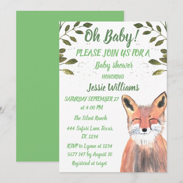 Invitación Fox Woodland Animales Green Rustic Baby Ducha (Anverso / Reverso)
