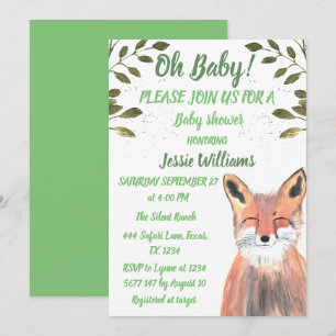 Invitación Fox Woodland Animales Green Rustic Baby Ducha