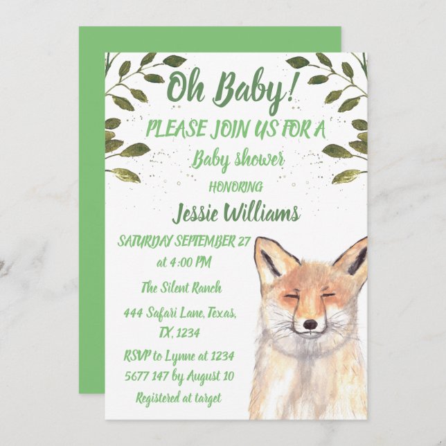 Invitación Fox Woodland Animales Green Rustic Baby Ducha (Anverso / Reverso)