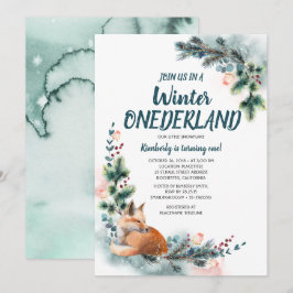 Invitación Fox Woodland Winter Onederland Baby Birthday Party