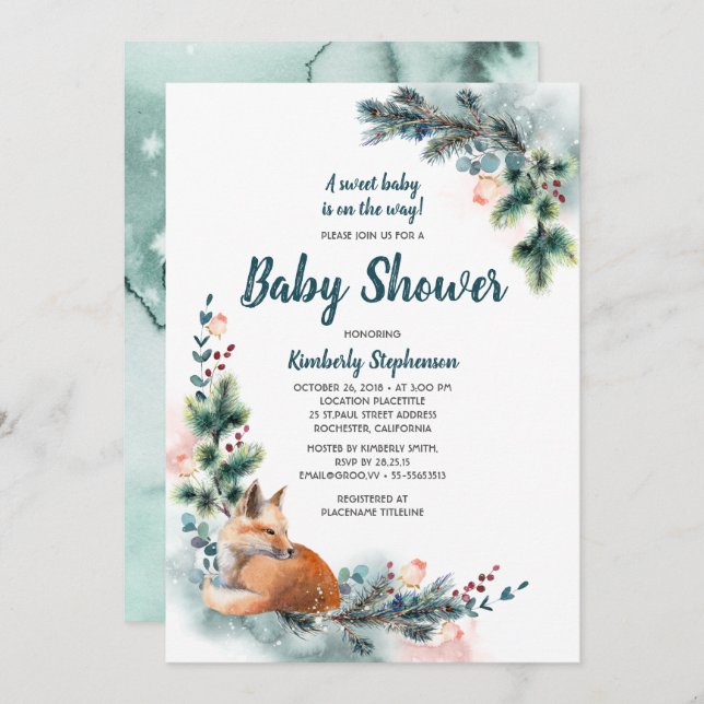 Invitación Fox Woodland Winter Wonderland Baby Shower (Anverso / Reverso)