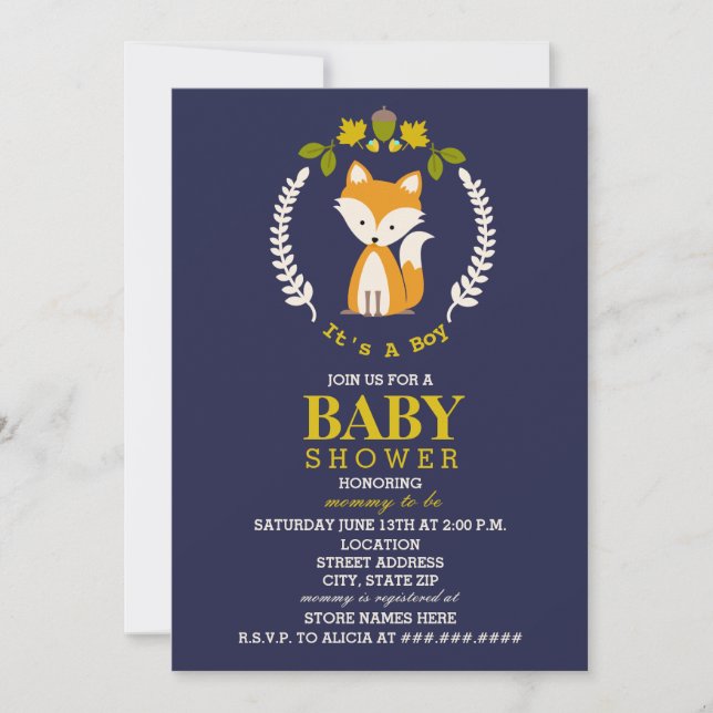 Invitación Fox Wreath Baby Shower - Boy (Anverso)
