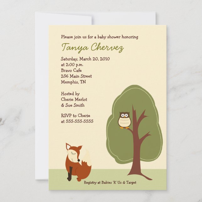 Invitación Fox y Owl Woodland Forest Baby Shower 5x7 (Anverso)