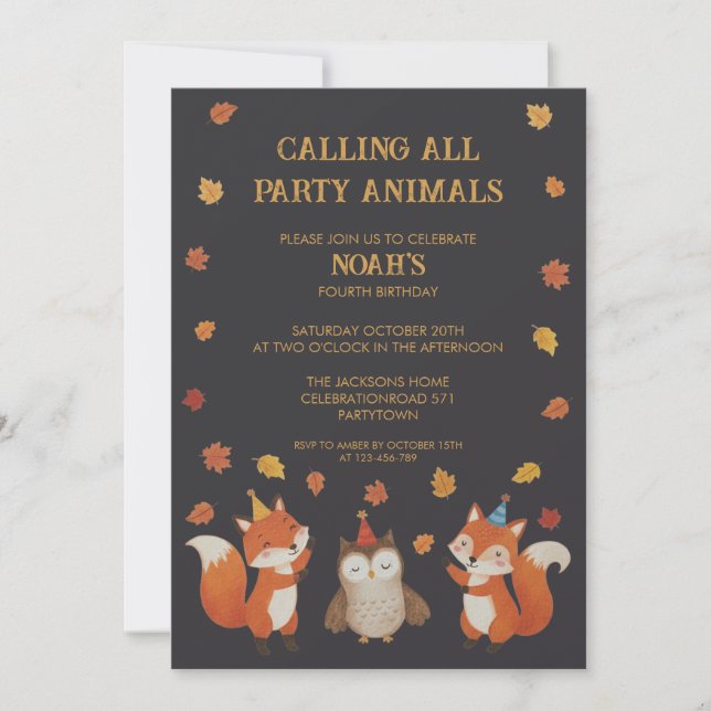 Invitación Foxes and Owl Woodland Fall Kids Birthday Party (Anverso)