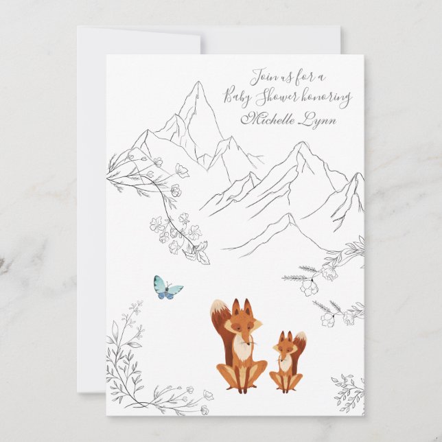 Invitación Foxes y mariposa Montaña Woodland Baby Shower (Anverso)