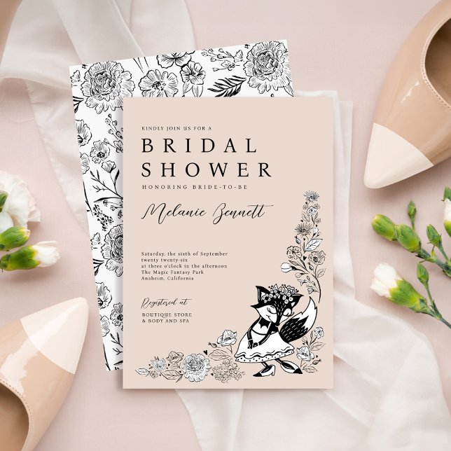 Invitación Foxy Woodland Fox Bride Elegant Florals (Foxy Woodland Fox Bride Elegant Sketched Florals Invitation)