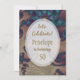 Invitación Fractal de la Fatería de Oro verde azulada y Rosa 