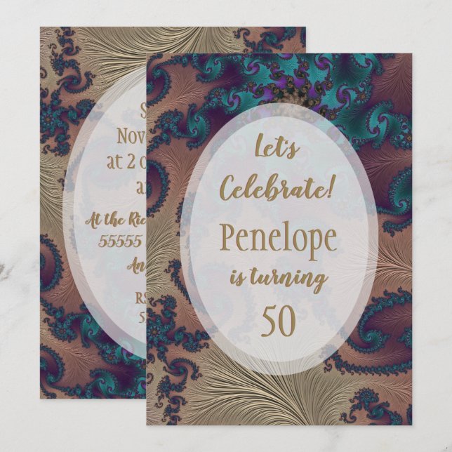 Invitación Fractal de la Fatería de Oro verde azulada y Rosa  (Anverso / Reverso)