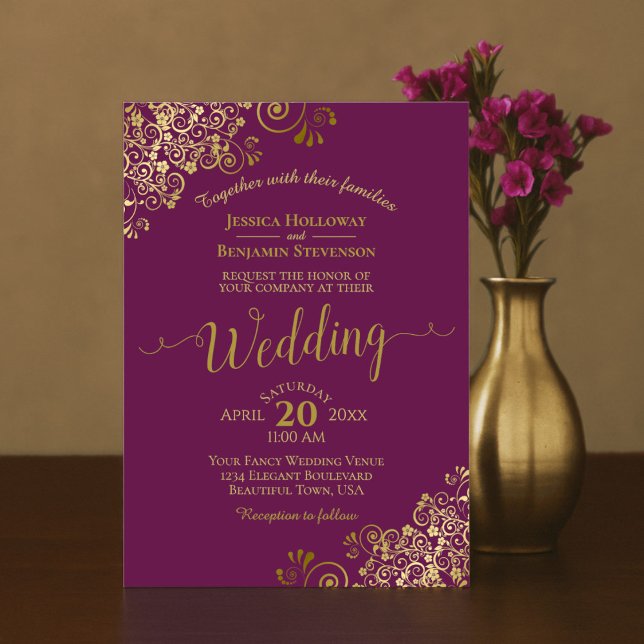 Invitación Fragmentos de oro Elegante Cassis Boda Magenta Púr (Subido por el creador)
