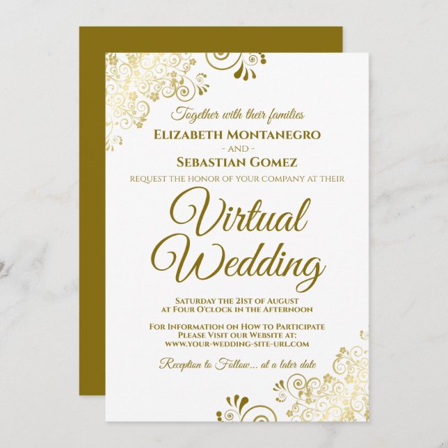 Invitación Fragmentos de oro en Boda virtual elegante y blanc (Anverso / Reverso)