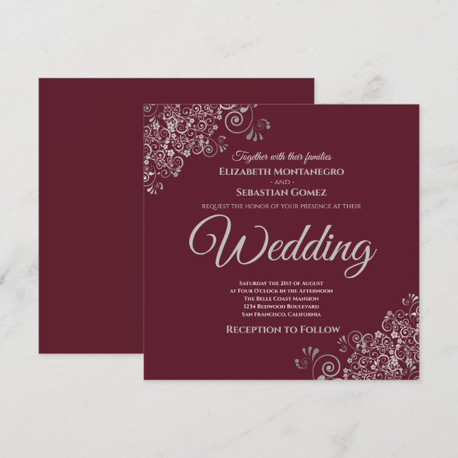 Invitación Fragmentos plateados elegante Boda de Burgundy Squ (Anverso / Reverso)