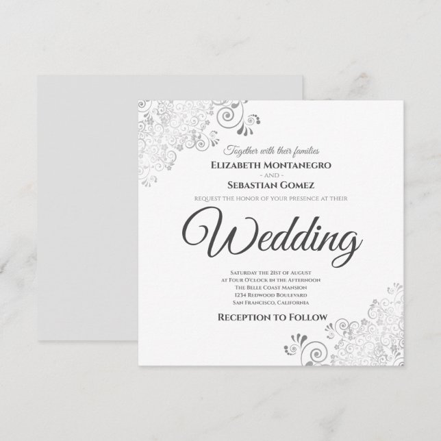 Invitación Fragmentos plateados Elegante Boda Gris y Cuadrado (Anverso / Reverso)