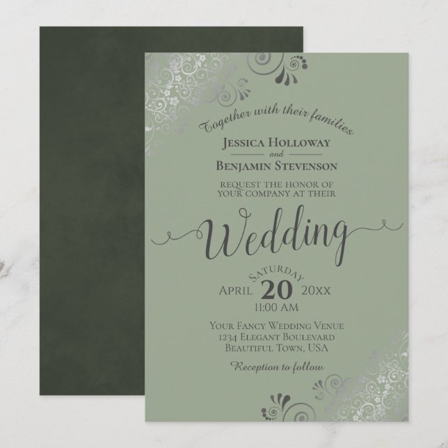 Invitación Fragmentos plateados Elegante Sage o Boda verde ol (Anverso / Reverso)