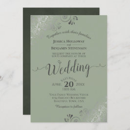 Invitación Fragmentos plateados Elegante Sage o Boda verde ol