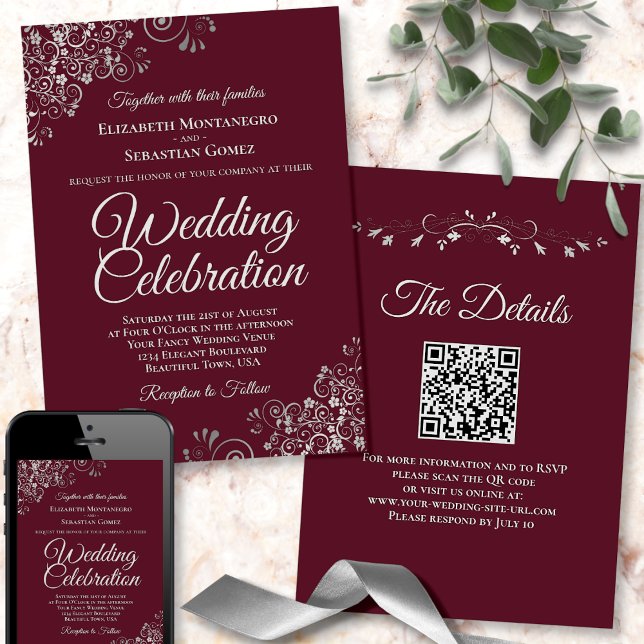 Invitación Fragmentos plateados sobre el Boda de código QR el (Front/Back/Downloadable)