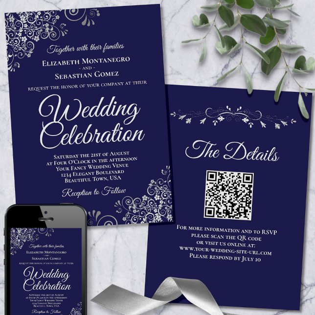 Invitación Fragmentos plateados sobre el Boda de código QR el (Front/Back/Downloadable)