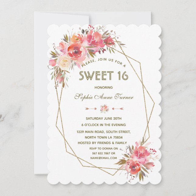 Invitación Fram Sweet, Purpurina Floral Gold de Rubor Diecisé (Anverso)