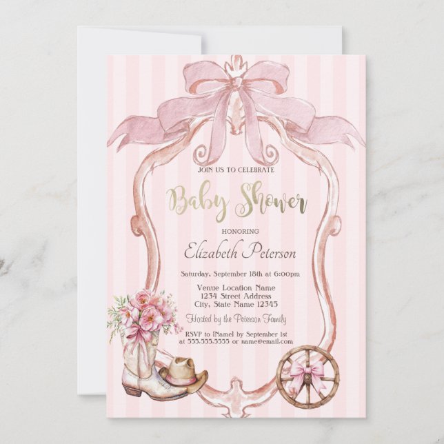 Invitación Frame Bow Cowgirl Wester Striped Baby Shower  (Anverso)