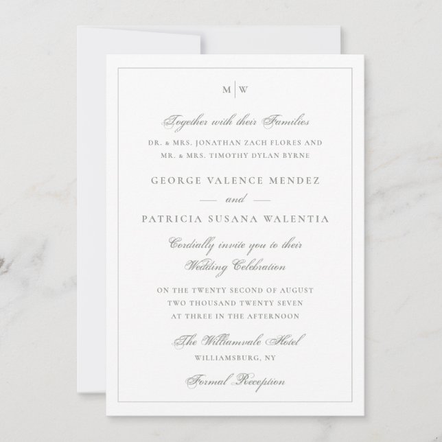 Invitación Frame Classic Monogram Sage Gray White Wedding (Anverso)