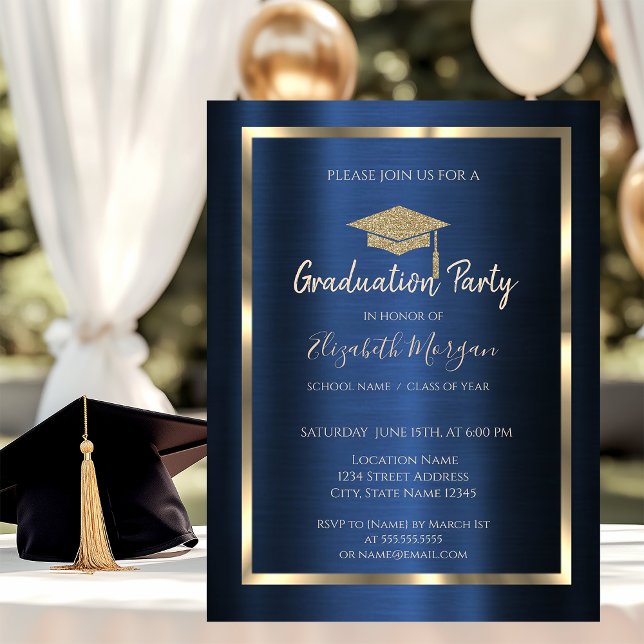 Invitación  Frame Gold Grad Cap Navy Blue Metallic (Subido por el creador)