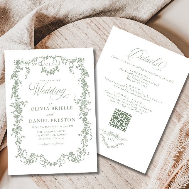 Invitación Francés Sage Green All In One QR Code Boda (Subido por el creador)