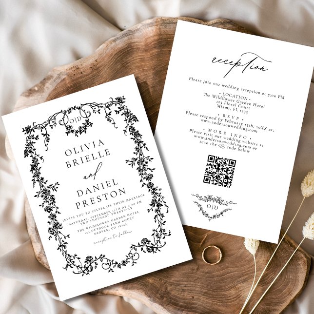 Invitación Francés victoriano negro código QR todo en un Boda (Subido por el creador)