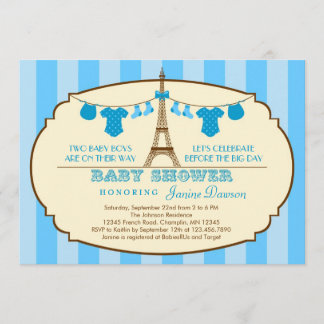 Invitación francesa de Baby Shower del gemelo de
