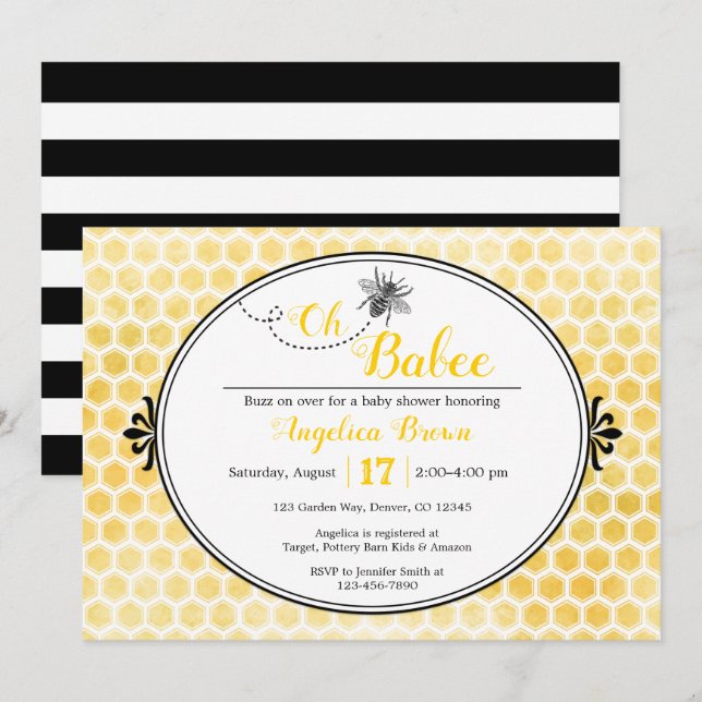 Invitación franja amarilla negra de abeja Oh bebé ducha (Anverso / Reverso)