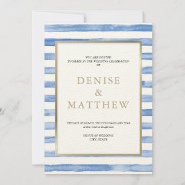 Invitación Franja de acuarela azul de aciano y letras doradas