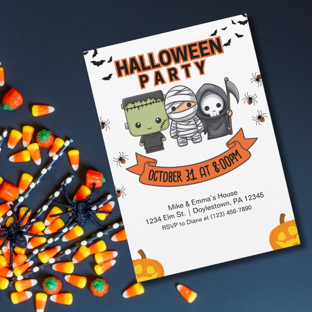 Invitación Frankenstein Mummy Grim Reaper Cute Halloween (Subido por el creador)