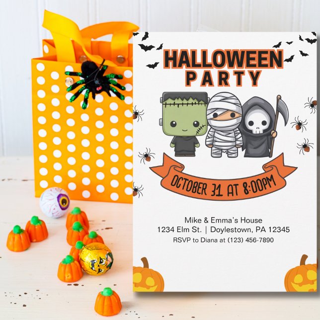 Invitación Frankenstein Mummy Grim Reaper Cute Halloween (Subido por el creador)