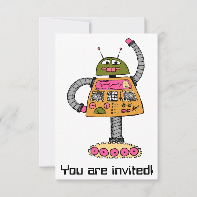 Invitación Frankie robot, naranja en blanco (Anverso)