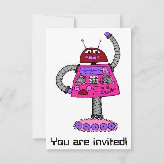 Invitación Frankie Robot: Rosa sobre blanco (Anverso)