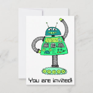 Invitación Frankie robot, verde sobre blanco