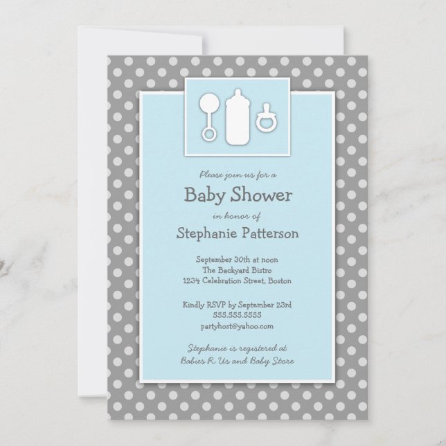 Invitación Frasco Binky Rattle Baby Shower Azul y gris (Anverso)