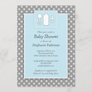 Invitación Frasco Binky Rattle Baby Shower Azul y gris