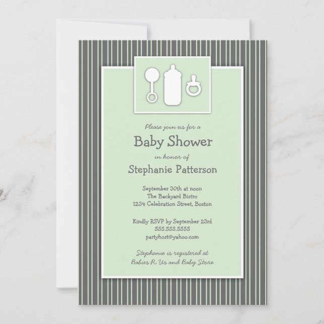 Invitación Frasco Binky Rattle Baby Shower Mint & Gray (Anverso)