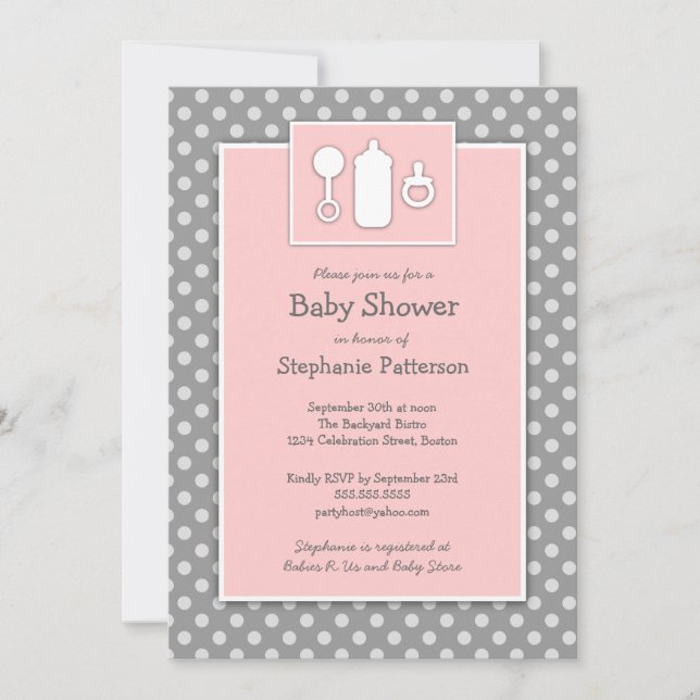 Invitación Frasco Binky Rattle Baby Shower Rosa y Gris (Anverso)