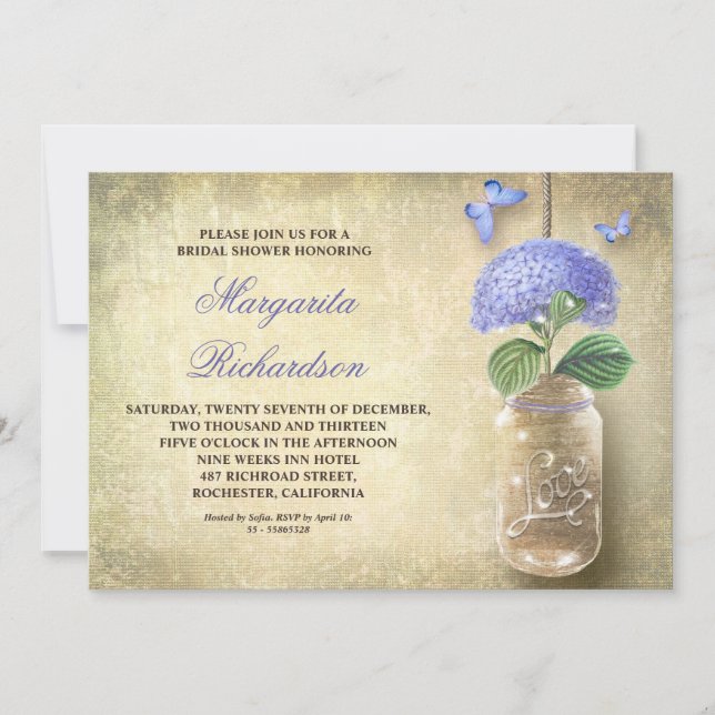 Invitación frasco de caramelo con flores azules y ducha de no (Anverso)