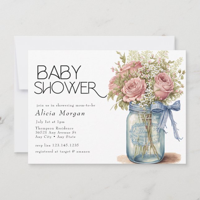 Invitación Frasco de conservas | Baby Shower de rosas rosadas (Anverso)