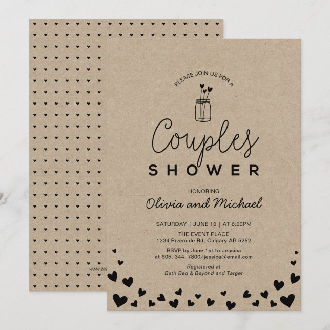 Invitación Frasco de Mason, Chic Kraft Boda de Parejas Regade (Anverso / Reverso)