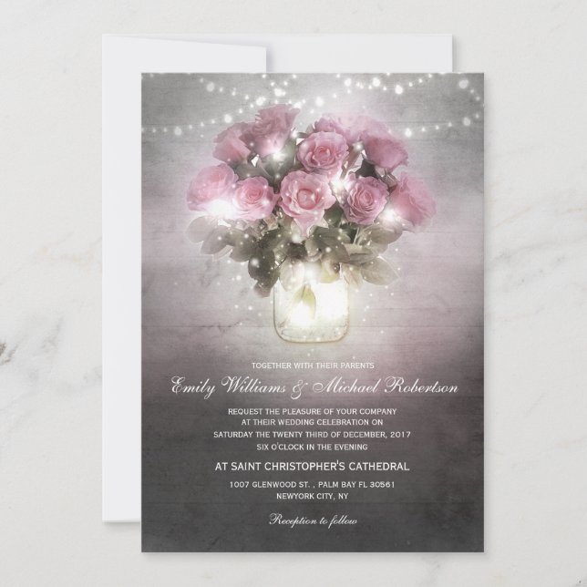 Invitación Frasco de mason con boda de cuerdas de rosa (Anverso)