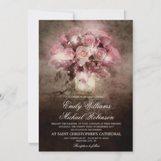 Invitación Frasco de mason con boda de cuerdas de rosa (Anverso)