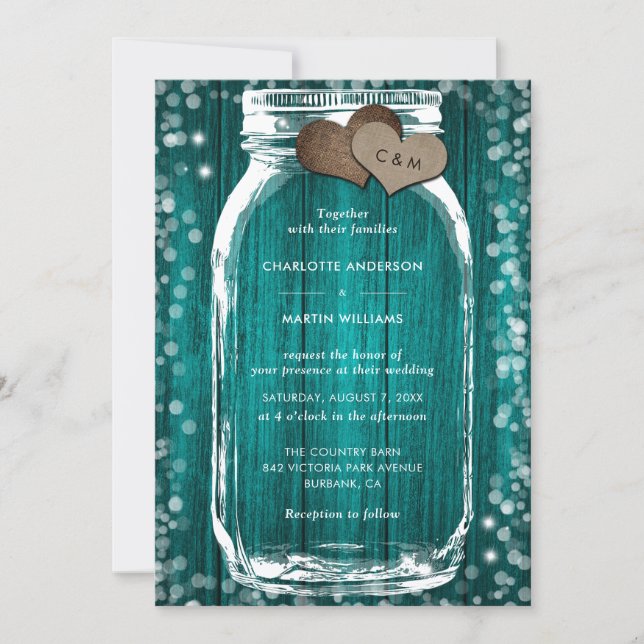 Invitación Frasco de Mason de Madera Verde Claro Boda Rústica (Anverso)
