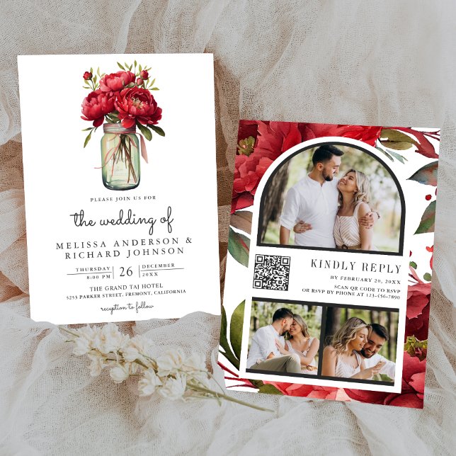 Invitación Frasco de Mason Floral de Peonía Roja Código QR Bo (Subido por el creador)