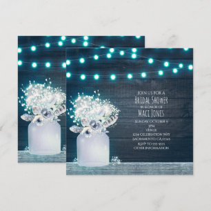 Invitación Frasco de Mason Floral Luces Azules Rústico Invier