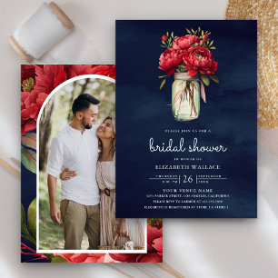 Invitación Frasco de Mason Floral Peonía Roja Baño Nupcial Az