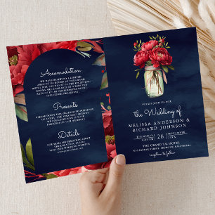 Invitación Frasco de Mason Floral Peonía Roja Código QR Boda