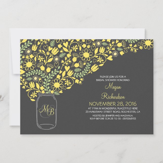 Invitación frasco de masón gris amarillo floral linda ducha d (Anverso)